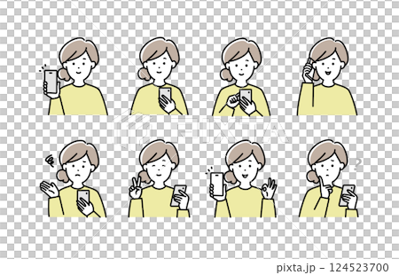 Illustration set of a young woman operating a smartphone Illustration set of a young woman operating a smartphone 124523700