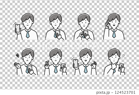 Illustration set of a young man operating a smartphone Illustration set of a young man operating a smartphone 124523701