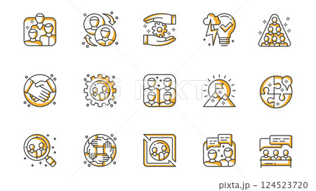 Teamwork icons set in outline stroke design for web. Pack line pictograms with team, interaction, project, subordination, handshake, group, success, personal input, search, other. Vector illustration. 124523720