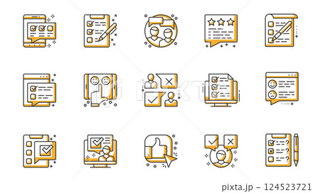 Survey icons set in outline stroke design for web. Pack line pictograms with online examining, checklist, opinion, emotional feedback, application, customer satisfaction, other. Vector illustration. 124523721