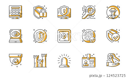 Security icons set in outline stroke design for web. Pack line pictograms with password, shield, padlock, computer firewall, key encryption, spy, eye scanner, fingerprint, other. Vector illustration. Security icons set in outline stroke design for web. Pack line pictograms with password, shield, padlock, computer firewall, key encryption, spy, eye scanner, fingerprint, other. Vector illustration. 124523725