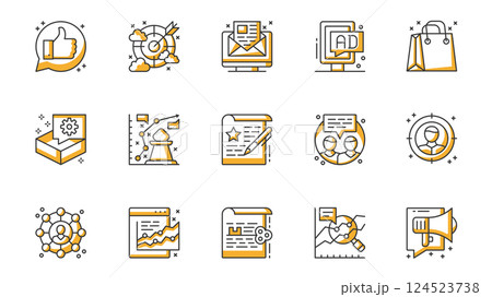 Marketing icons set in outline stroke design for web. Pack line pictograms with like feedback, target, email, advertisement, shopping, strategy, communication, megaphone, other. Vector illustration. Marketing icons set in outline stroke design for web. Pack line pictograms with like feedback, target, email, advertisement, shopping, strategy, communication, megaphone, other. Vector illustration. 124523738
