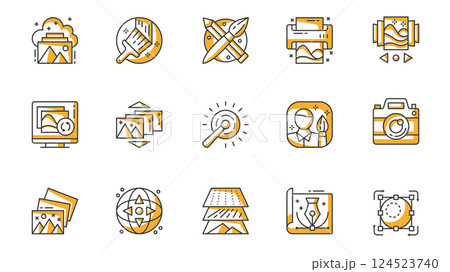 Images icons set in outline stroke design for web. Pack line pictograms with cloud gallery, paint, drawing tools, print, carousel, sync, auto enhance, photo camera, view, other. Vector illustration. Images icons set in outline stroke design for web. Pack line pictograms with cloud gallery, paint, drawing tools, print, carousel, sync, auto enhance, photo camera, view, other. Vector illustration. 124523740
