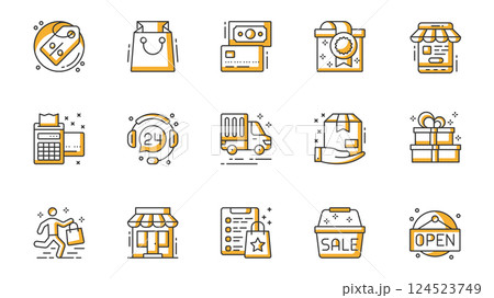E-commerce icons set in outline stroke design for web. Pack line pictograms with discount, price tag, shopping bag, money, credit card, gift, payment, customer support, other. Vector illustration. 124523749