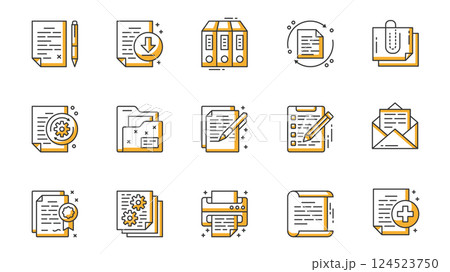 Document icons set in outline stroke design for web. Pack line pictograms with page, pen, downloading, folder, sync, clip, writing, checklist, email, certificate, printer, other. Vector illustration. 124523750
