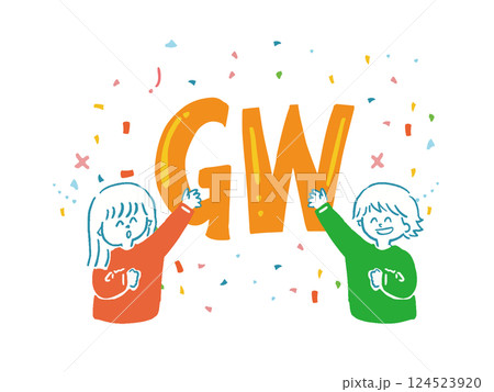 紙吹雪を撒く男女ののゴールデンウイークの文字　ポップなイラスト	 124523920