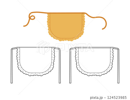 Set of Maid Aprons with Ruffles Scalloped technical fashion illustration. Flirty Retro uniform ochre cartoon Flat sketch Set of Maid Aprons with Ruffles Scalloped technical fashion illustration. Flirty Retro uniform ochre cartoon Flat sketch 124523985