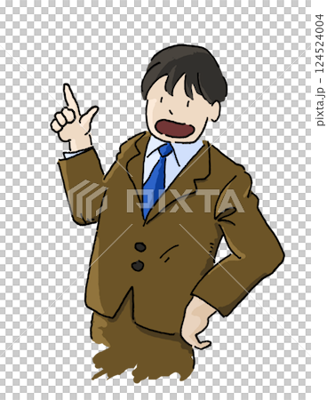 Hand-drawn illustration of a male office worker with his left hand on his waist and his right hand pointing upwards Hand-drawn illustration of a male office worker with his left hand on his waist and his right hand pointing upwards 124524004