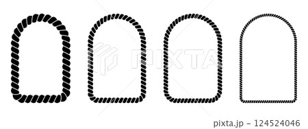 Set of arch rope frames. Cord or thread, twine or jute archway borders isolated on white background. Vignettes for pictures or mirrors in maritime or nautical theme. Vector graphic illustration Set of arch rope frames. Cord or thread, twine or jute archway borders isolated on white background. Vignettes for pictures or mirrors in maritime or nautical theme. Vector graphic illustration 124524046