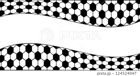 Wavy black and white hexagon pattern. Soccer ball print background with empty space. Minimalistic football game borders. Mosaic geometric texture. Tile floor surface. Vector graphic illustration Wavy black and white hexagon pattern. Soccer ball print background with empty space. Minimalistic football game borders. Mosaic geometric texture. Tile floor surface. Vector graphic illustration 124524047
