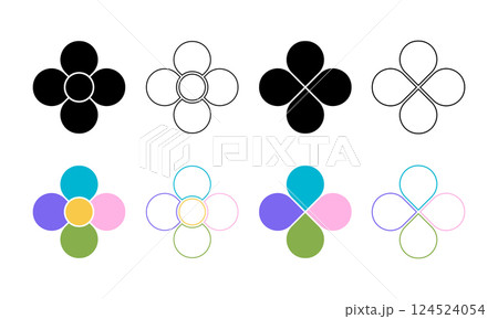 Set of flower silhouettes with 4 petals and core. Floral pie chart divided on four equal slices in leaf shapes isolated on white background. Diagram templates. Vector graphic illustration 124524054