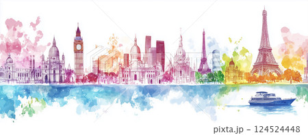 水彩風の世界の都市とランドマークのイメージ 水彩風の世界の都市とランドマークのイメージ 124524448