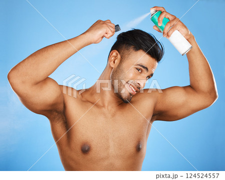 Hair, care and man with beauty spray, brush or comb for wellness routine, grooming treatment or haircut style. Natural hair care, hairspray cosmetics and aesthetic model with luxury salon product 124524557