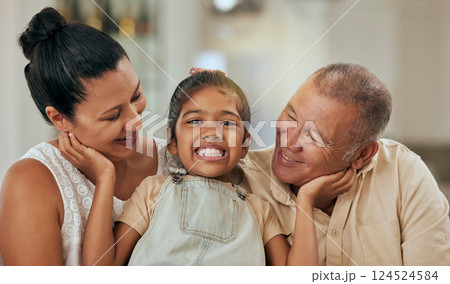 Child, grandparents and love of family with a smile, support and care in home living room together in Mexico. Portrait of girl kid, senior man and woman happy about quality time, hug and retirement Child, grandparents and love of family with a smile, support and care in home living room together in Mexico. Portrait of girl kid, senior man and woman happy about quality time, hug and retirement 124524584