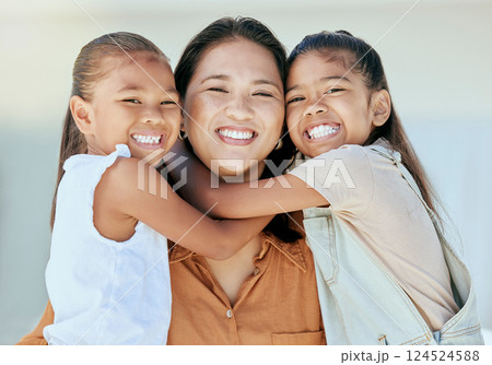 Happy family, mother and girls hug in portrait, bonding and .enjoying quality time together. Family, love and care of mom, woman and parent with kids, smiling and laughing, embrace and comic smile. Happy family, mother and girls hug in portrait, bonding and .enjoying quality time together. Family, love and care of mom, woman and parent with kids, smiling and laughing, embrace and comic smile. 124524588