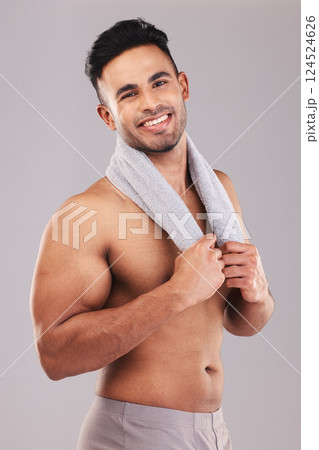 Studio portrait smile, man towel self care against grey wall for cosmetics beauty and healthy skin. Skincare health model, happy cosmetic face and hygiene cloth to relax with body care happiness Studio portrait smile, man towel self care against grey wall for cosmetics beauty and healthy skin. Skincare health model, happy cosmetic face and hygiene cloth to relax with body care happiness 124524626
