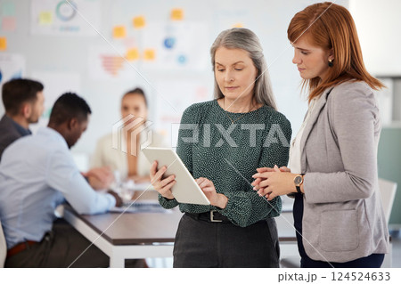 Consulting, tablet or business woman with tech working for planning, networking or collaboration for data analysis in office. Mentor, manager or tech for coaching, social media and contact us review 124524633