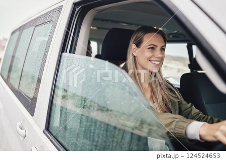 Travel, driver and woman in a modern campervan in Mexico, smile and relax while driving through the countryside. Transport, happy and lady enjoying a solo trip, excited and enjoying independence Travel, driver and woman in a modern campervan in Mexico, smile and relax while driving through the countryside. Transport, happy and lady enjoying a solo trip, excited and enjoying independence 124524653