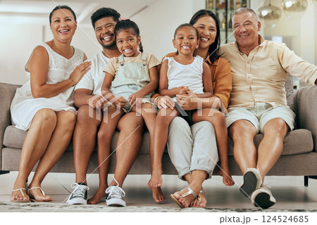 Children, parents and happy grandparents on sofa, generations of family together in living room. Love, home and couple with kids, grandma and grandpa from Indonesia relax and smile on couch in home. Children, parents and happy grandparents on sofa, generations of family together in living room. Love, home and couple with kids, grandma and grandpa from Indonesia relax and smile on couch in home. 124524685