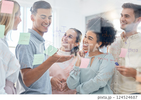 Sticky note, strategy and teamwork of business people in office on moodboard, storyboard or glass wall. Working, innovation and ideas of staff, group and leader planning together on vision board. Sticky note, strategy and teamwork of business people in office on moodboard, storyboard or glass wall. Working, innovation and ideas of staff, group and leader planning together on vision board. 124524687