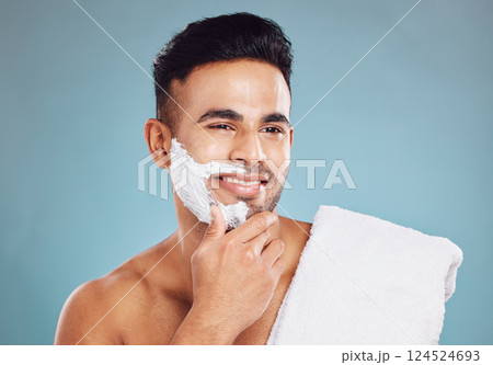 Man, shaving cream and healthy facial skincare grooming morning routine. Happy Indian person, cosmetic beard wellness cleaning treatment and body care hygiene for beauty cleansing lifestyle in studio Man, shaving cream and healthy facial skincare grooming morning routine. Happy Indian person, cosmetic beard wellness cleaning treatment and body care hygiene for beauty cleansing lifestyle in studio 124524693