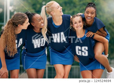 Fitness, sports and netball girl team at court for training, bonding and relax before sport exercise outdoors. Diversity, netball players and women friends hug before workout, playing and performance 124524694