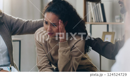 Woman, mental health pain and group therapy counseling with a psychiatrist help support, heal and console person for mind wellness. Therapist, psychologist and talking stress, anxiety and depression 124524729