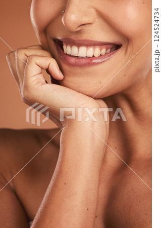 Closeup woman teeth, dental happiness with healthy shine on skin and wellness with studio background. Dental care model, woman mouth happy for beauty smile and natural oral health in cosmetics zoom 124524734