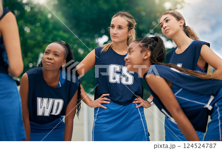 Teamwork, netball and women in a huddle for motivation, team building and planning a strategy in a sports game. Fitness, mindset and young athletes talking or speaking of goals in a training workout 124524787