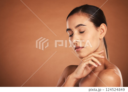 Beauty, skincare and portrait of woman in studio with luxury makeup, eyes closed and care for smooth, clean and fresh skin. Health, wellness and cosmetics, model girl from Brazil in brown background. 124524849