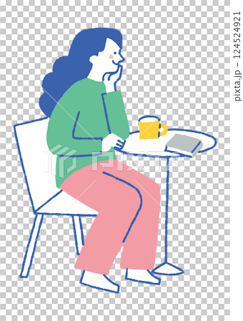 カフェで考え事をしている女性_色 124524921