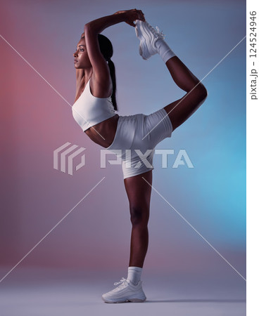 Fitness, woman and legs balance stretching for wellness, workout and health lifestyle mockup. Young, strong and flexible exercise of Indian person with colorful studio gradient background. 124524946