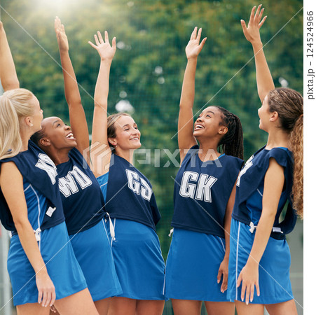 Netball, sports and motivation with a woman team in celebration after victory in a competitive game on a court. Fitness, collaboration and training with a female athlete winner group at practice 124524966
