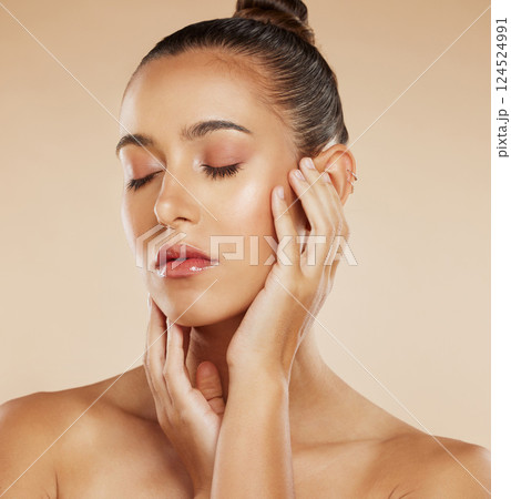 Woman, skincare and beauty, aesthetic makeup and facial treatment for glowing skin, natural cosmetics and body care on studio background. Young model face headshot, makeup and self care wellness 124524991