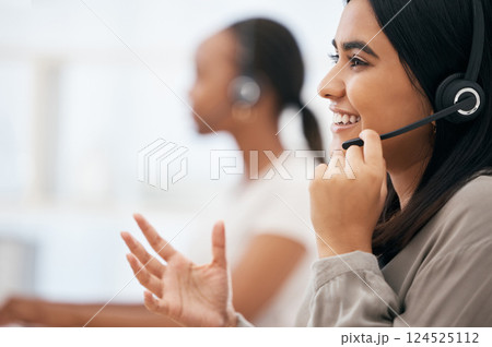 Call center, smile and consultant talking, consulting and working in crm communication at telemarketing company. Support, happy and face of young customer service worker giving help to people online Call center, smile and consultant talking, consulting and working in crm communication at telemarketing company. Support, happy and face of young customer service worker giving help to people online 124525112