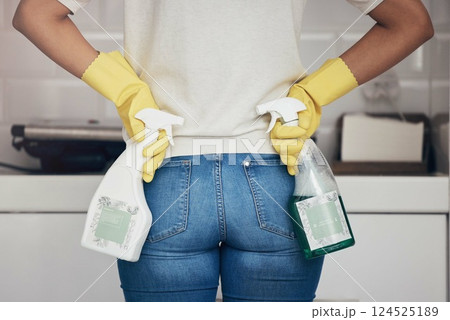 Cleaning, housework and woman ready with spray bottle and yellow gloves in kitchen at home. Spring cleaning, hygiene and bottle of soap or sanitizer to clean dirty counter, housekeeper in apartment. Cleaning, housework and woman ready with spray bottle and yellow gloves in kitchen at home. Spring cleaning, hygiene and bottle of soap or sanitizer to clean dirty counter, housekeeper in apartment. 124525189