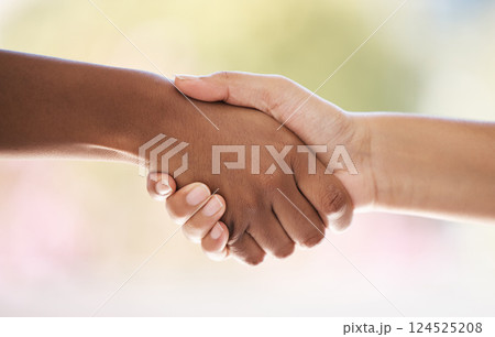 Diversity, hands closeup and welcome handshake introduction to interview meeting or thank you. Well done handshaking mockup, good job partnership deal or congratulations success on teamwork support 124525208