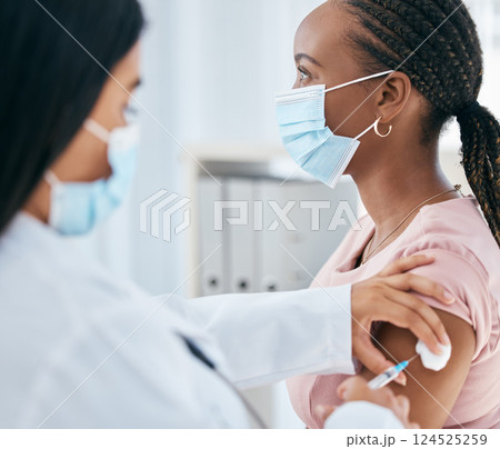 Covid vaccine, injection and medicine safety, needle, syringe and shot service from doctor in hospital, clinic and surgery. Patient getting medical treatment, healthcare worker and flu immunity risk Covid vaccine, injection and medicine safety, needle, syringe and shot service from doctor in hospital, clinic and surgery. Patient getting medical treatment, healthcare worker and flu immunity risk 124525259