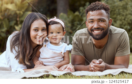 Black family, parents and baby on a park picnic blanket in nature with a happy smile together, Portrait of a mother, father and girl child with happiness and love spending time together in summer 124525417