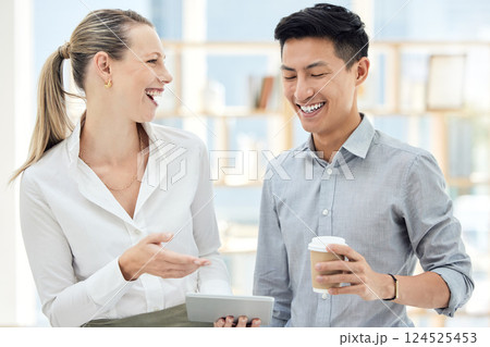 Diversity, startup and employees with smile, tablet and happy conversation laughing at creative marketing agency office. Coffee, teamwork and idea sharing at business, woman and man talk on project. 124525453