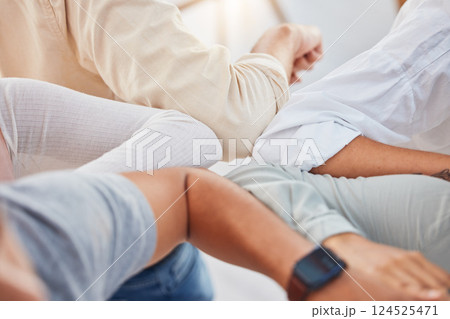 Group elbow greeting, meeting and covid workplace, office and agency with business people in support, teamwork and employee motivation. Closeup body contact, partnership and social distance safety 124525471