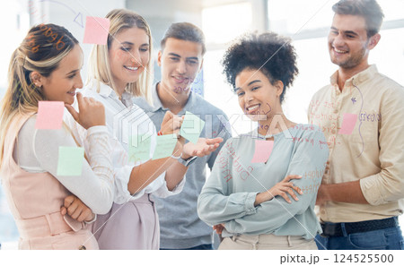 Team, sticky notes and brainstorming for business ideas, strategy for growth and collaboration in office. Diversity, teamwork and creative meeting to analyze marketing, write plan to share with group Team, sticky notes and brainstorming for business ideas, strategy for growth and collaboration in office. Diversity, teamwork and creative meeting to analyze marketing, write plan to share with group 124525500