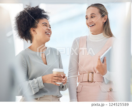 Business women, friends and employees laughing for funny conversation, motivation and happiness on coffee break in modern office. Happy, diversity and comic staff smile, comedy and talking in agency 124525589