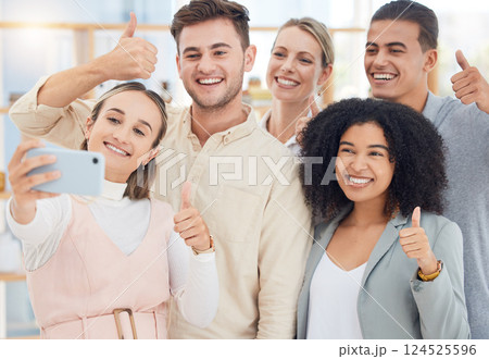 Selfie, thumbs up and business people with a phone for team building, partnership and collaboration in an office at work. Thank you, vote and hand of workers for photo on social media with a mobile 124525596