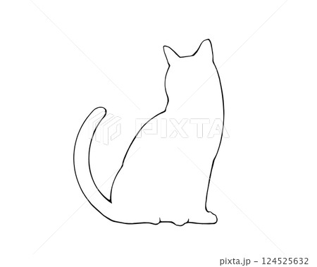 振り向いて座る猫のシルエット（線画） 124525632