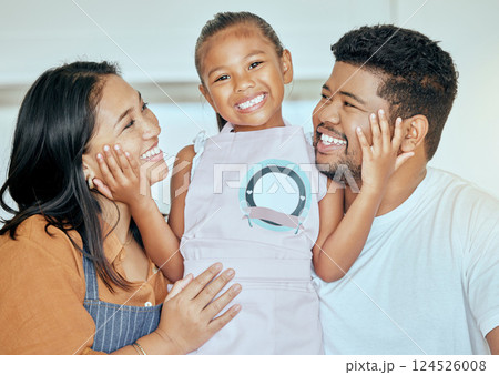 Family, parents with child, hug and apron for cooking or baking at family home, for learning and development with bonding in happy portrait. Young girl, mother and father together, love and care. 124526008