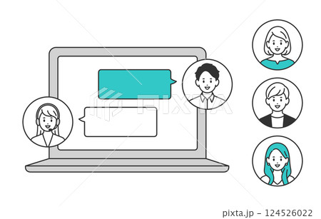 パソコンでオペレーターとチャットする若い男性（差し替え用のアイコンセット）【人物ベクターイラスト】 124526022