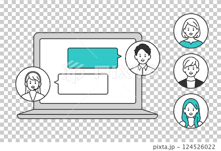 パソコンでオペレーターとチャットする若い男性（差し替え用のアイコンセット）【人物ベクターイラスト】 124526022