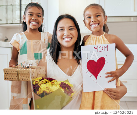 Mothers day, birthday and happy family children with gift, celebration flowers and heart card to celebrate mama. Love, youth girl and portrait of kids giving mom surprise, bouquet and present box Mothers day, birthday and happy family children with gift, celebration flowers and heart card to celebrate mama. Love, youth girl and portrait of kids giving mom surprise, bouquet and present box 124526025