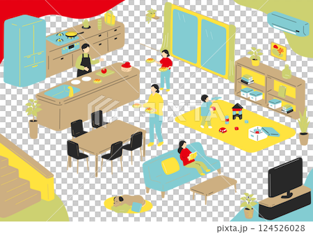Family enjoying daily life in the living room 124526028